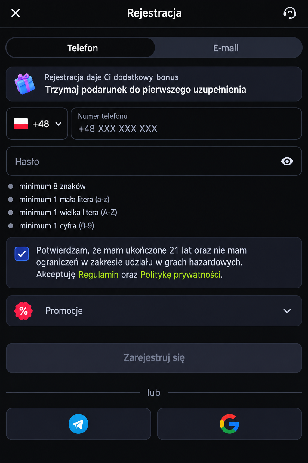 Polskie okno rejestracji z numerem telefonu z prefiksem +48