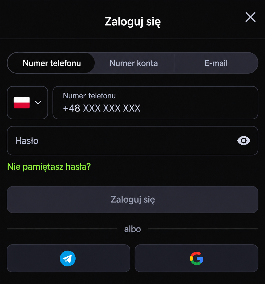Polski panel logowania z numerem telefonu z prefiksem +48